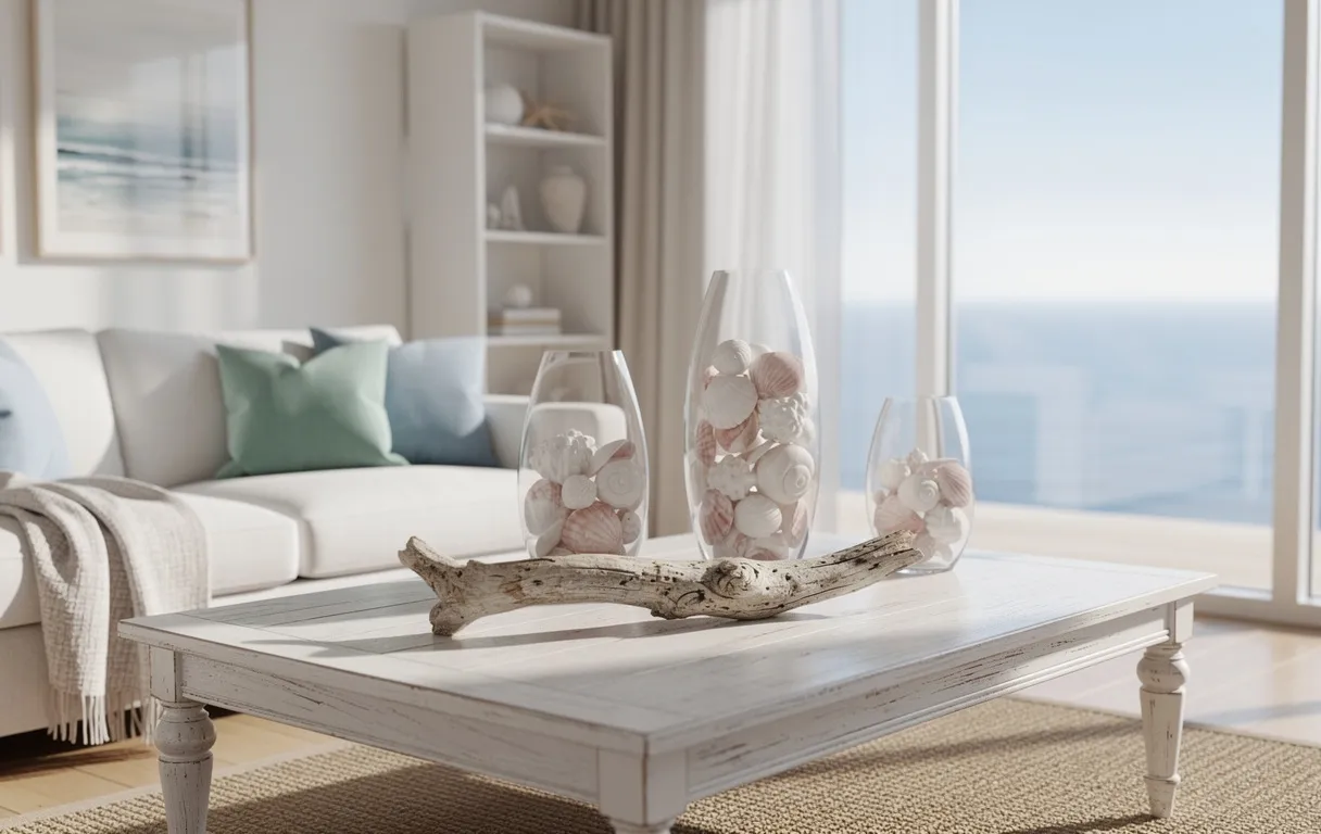 Salon côtier lumineux avec vases de coquillages, pièce maîtresse en bois flotté et accents bleus, baigné de lumière naturelle.