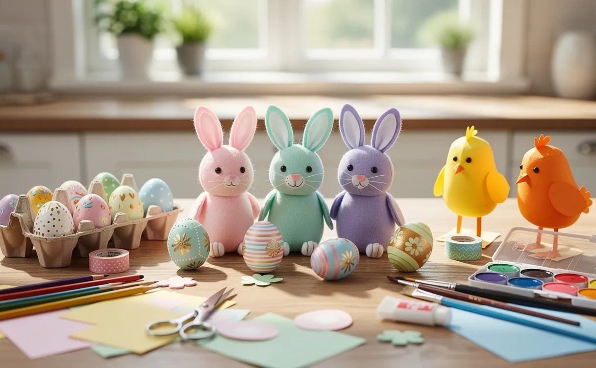 Scène joyeuse de bricolage de Pâques sur une table de cuisine ensoleillée avec lapins faits main, œufs peints, poussins en papier et des fournitures d’art.
