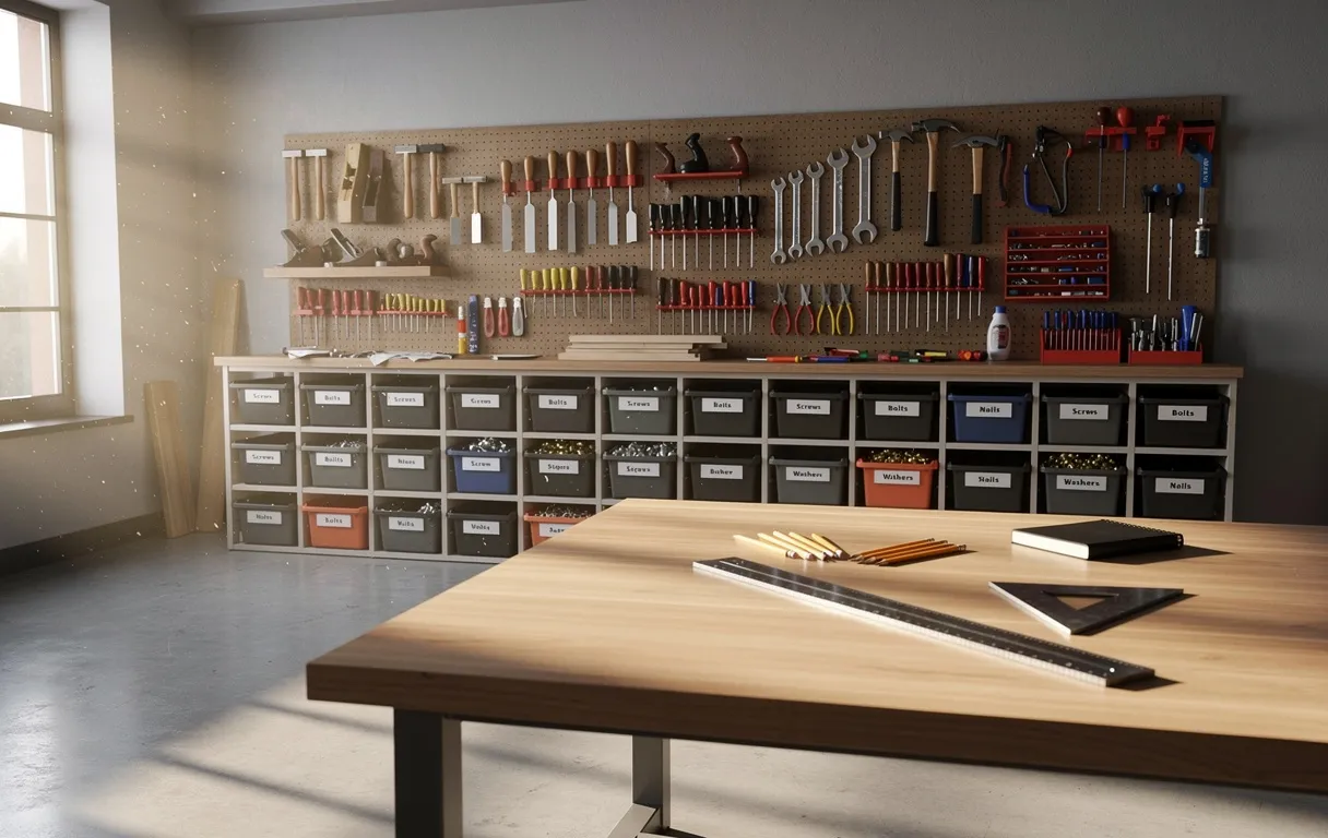 Atelier bien rangé avec outils accrochés, boîtes de rangement étiquetées et lumière du matin entrant par la fenêtre.