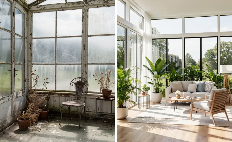 Comparaison d’une véranda avant et après rénovation, passant d’une pièce vitrée vétuste à un jardin d’hiver moderne et lumineux avec des plantes et du mobilier élégant.