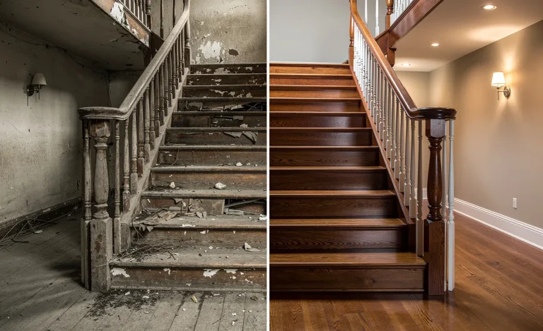 Escalier partagé en deux avec à gauche une structure en bois usée et terne, à droite le même escalier rénové avec du bois poli, des rampes élégantes et un éclairage doux.