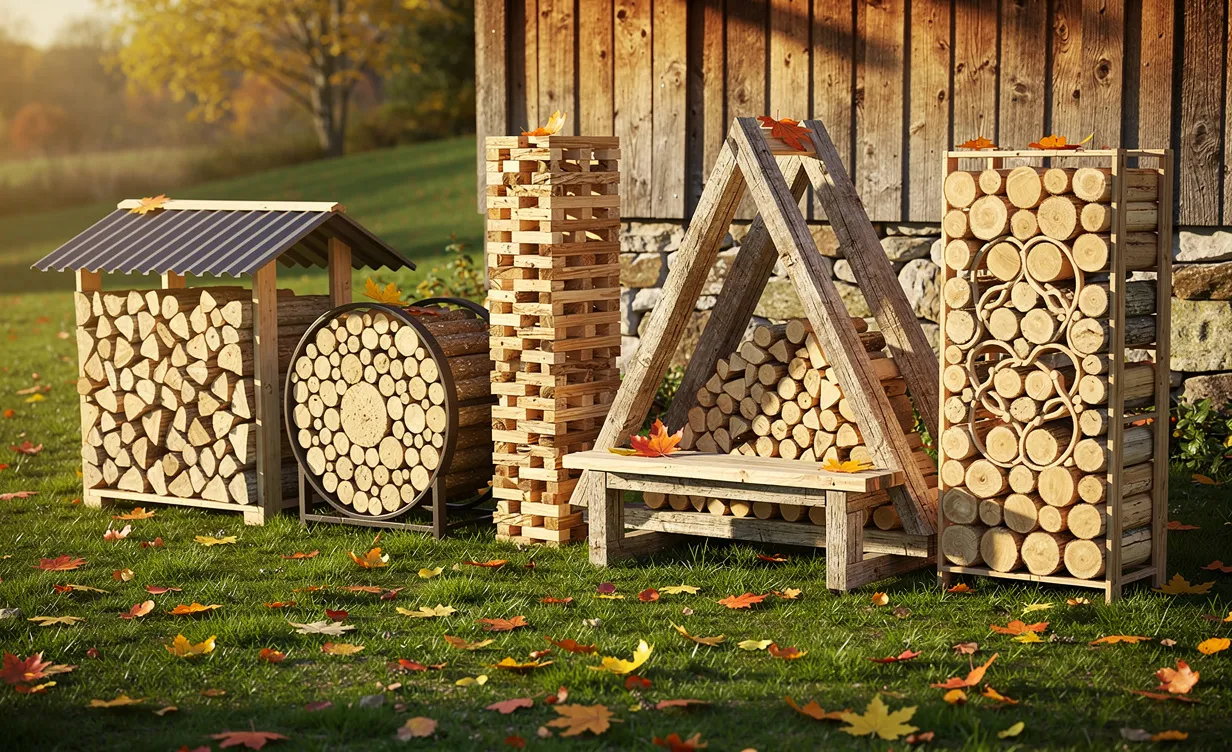 Tas de bûches soigneusement empilées dans six rangements créatifs à l’extérieur d’une maison rustique sur une pelouse parsemée de feuilles d’automne sous une lumière dorée.