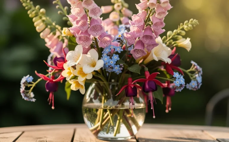 Un bouquet de fleurs commençant par la lettre F, comme des digitales, freesias, fuchsias et myosotis, est disposé dans un vase sur une table de jardin ensoleillée.