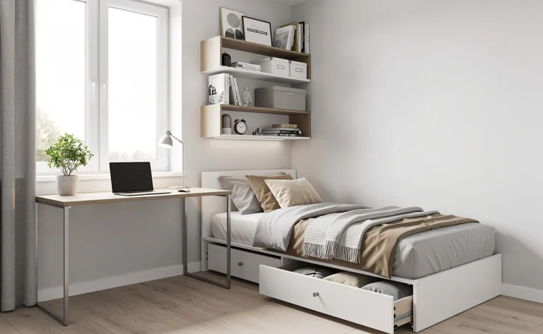 Petite chambre de 9m2 aménagée en espace de travail avec lit à rangement, bureau près de la fenêtre, étagères murales et lumière naturelle douce.