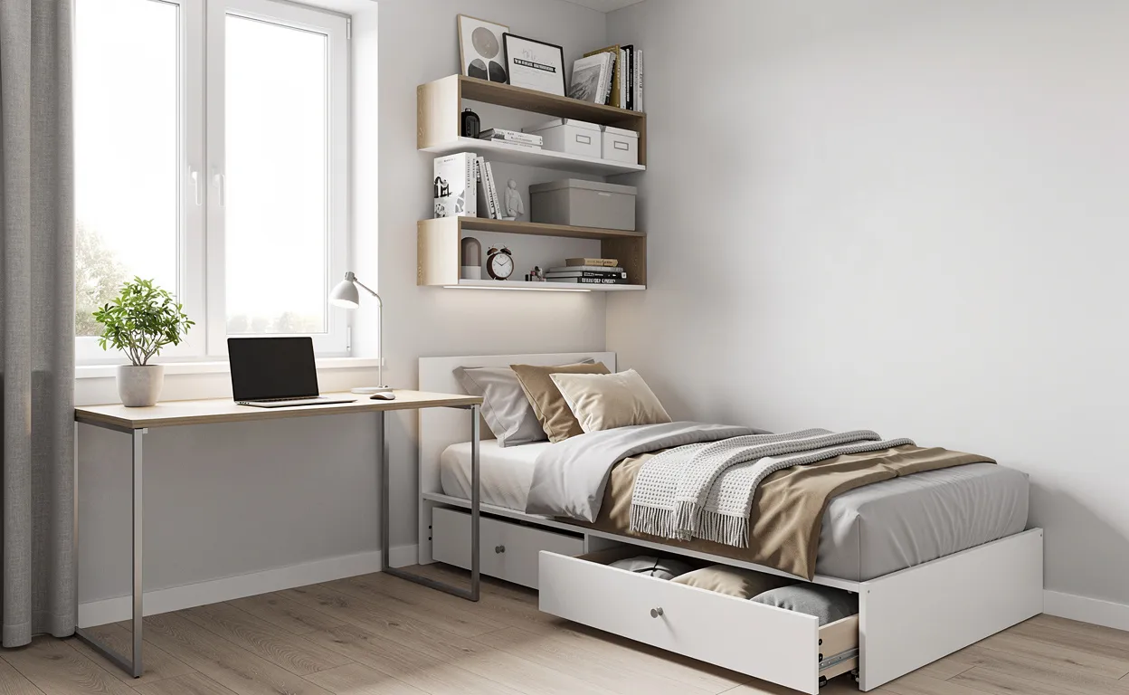 Petite chambre de 9m2 aménagée en espace de travail avec lit à rangement, bureau près de la fenêtre, étagères murales et lumière naturelle douce.