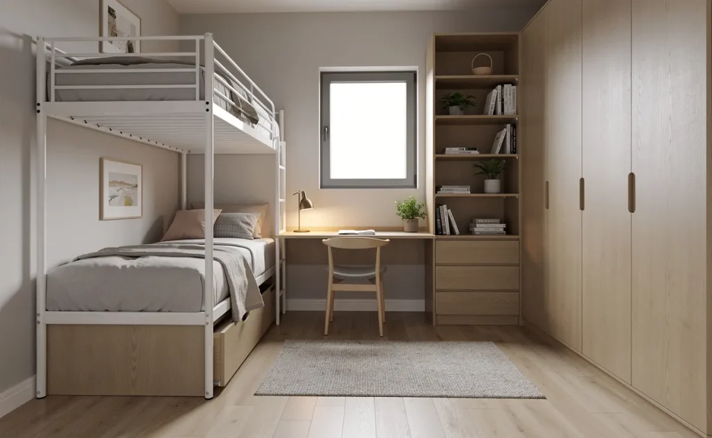 Petite chambre de 6 mètres carrés avec mezzanine, mobilier minimaliste et rangements intégrés, éclairée par une fenêtre.