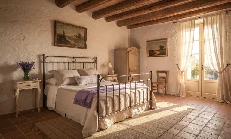 Chambre provençale ensoleillée avec poutres en bois, touches de lavande, vieux linge de lit et lit en fer forgé sous une lumière dorée.