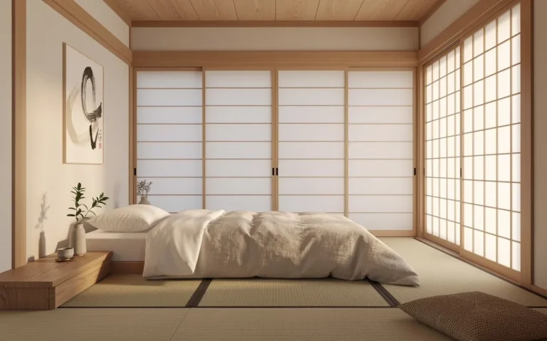 Chambre japonaise paisible avec futon bas, parois shoji et lumière douce du matin.
