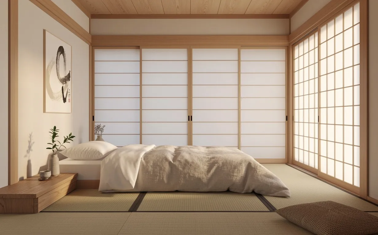 Chambre japonaise paisible avec futon bas, parois shoji et lumière douce du matin.