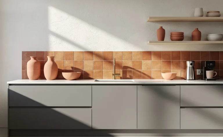 Cuisine moderne avec des armoires grises, une crédence terracotta et des accents métalliques éclairés par des rayons de soleil.