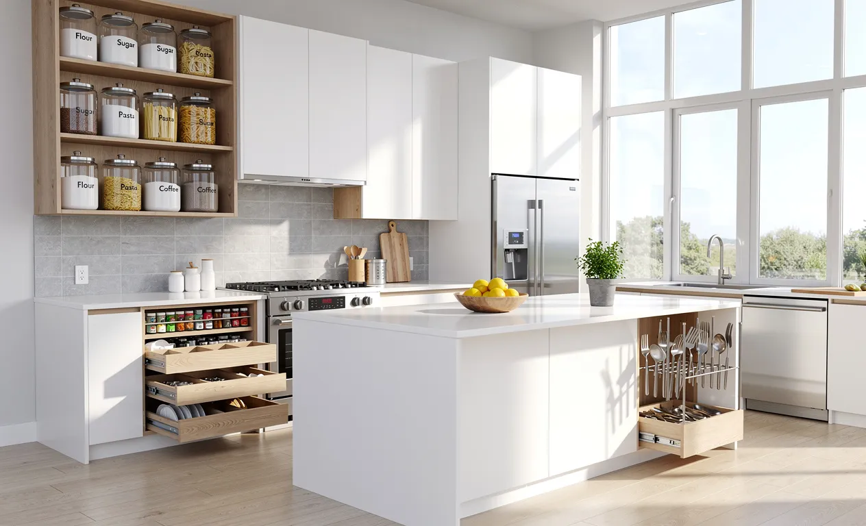 Cuisine moderne avec étagères bien rangées, bocaux en verre étiquetés et solutions de rangement astucieuses, baignée de lumière naturelle.
