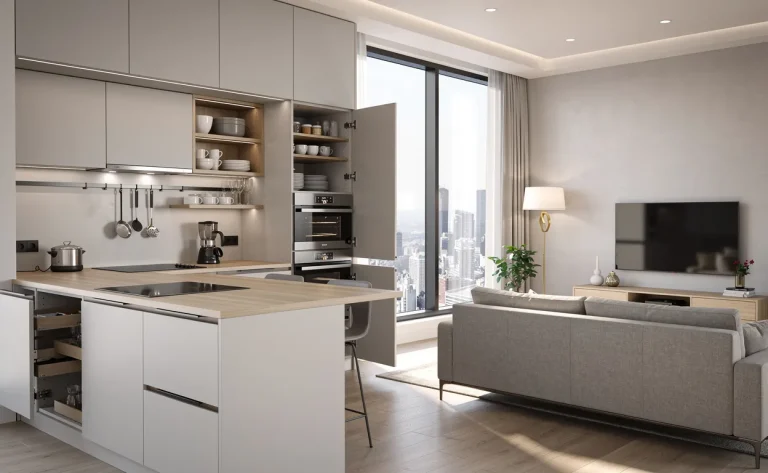 Une cuisine ouverte compacte et moderne s’intègre à un salon épuré avec rangement astucieux, lumière naturelle et décoration minimaliste.