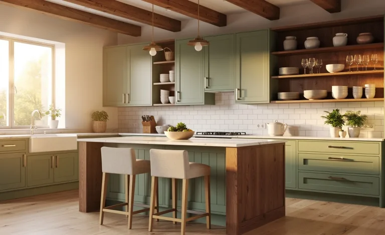Cuisine élégante avec des placards vert sauge et des accents en bois, baignée de lumière matinale douce.