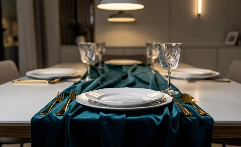 Table de repas avec chemin de table bleu canard, couverts dorés et assiettes blanches dans un intérieur moderne à la lumière tamisée du soir.