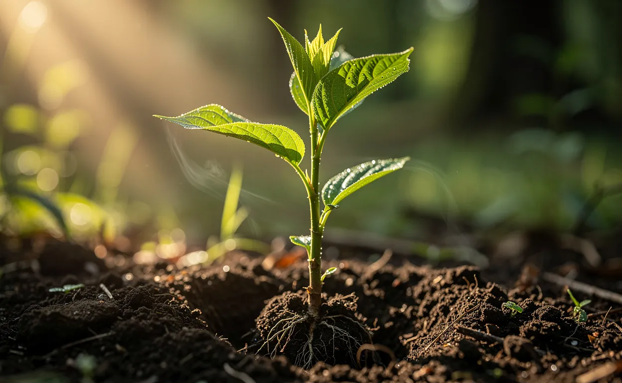 Un jeune arbre à croissance rapide, comme un bambou ou un paulownia, pousse dans une terre fertile avec des rayons de soleil traversant ses feuilles vertes.