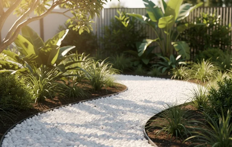 Un jardin moderne avec des galets blancs sinueux entourés de plantes vertes, baigné de lumière naturelle.
