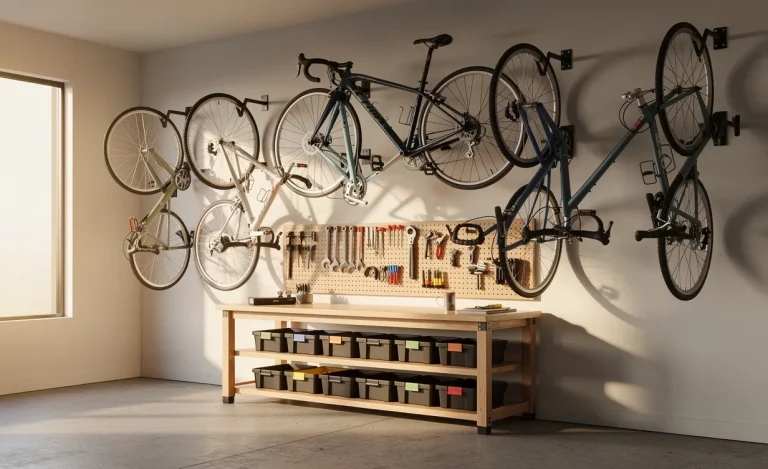 Des vélos rangés sur des supports au mur d’un garage bien ordonné, avec un établi et de la lumière naturelle venant d’une fenêtre.