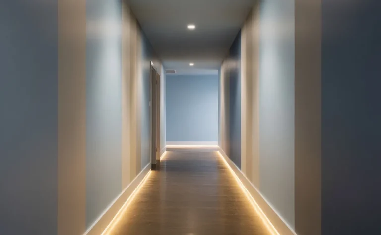 Un couloir étroit et sombre éclairé doucement, peint en bleu pâle et beige chaud, avec des reflets subtils et une ambiance calme.