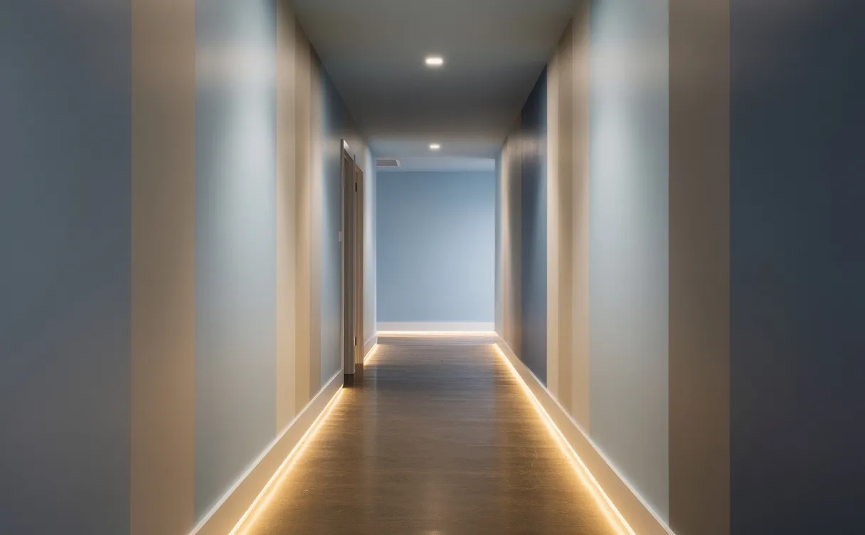 Un couloir étroit et sombre éclairé doucement, peint en bleu pâle et beige chaud, avec des reflets subtils et une ambiance calme.