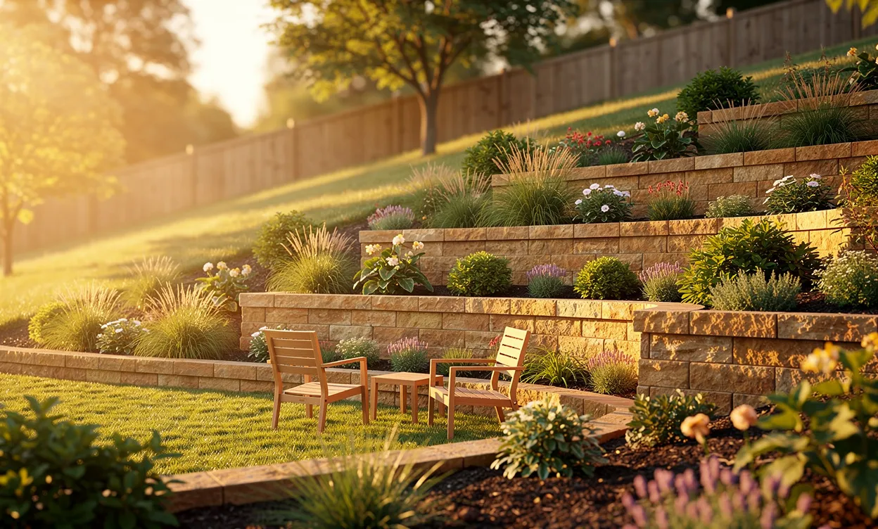Jardin en pente avec terrasses de pierres, massifs de verdure et lumière dorée du coucher de soleil.