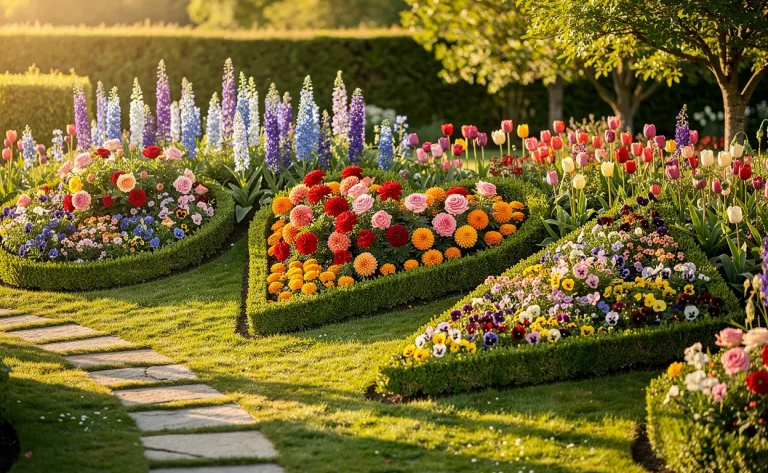 Un jardin luxuriant avec sept massifs de fleurs aux formes originales et aux couleurs variées sous la lumière dorée de l’après-midi.