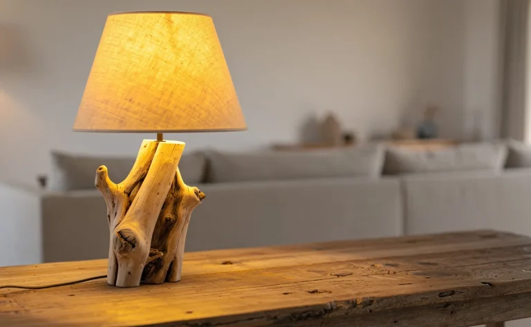 Lampe artisanale en bois flotté diffusant une lumière dorée sur une table en bois dans un salon minimaliste.