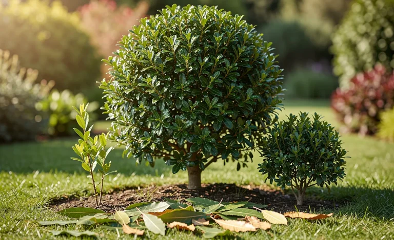 Un laurier du Portugal adulte aux feuilles luisantes se dresse dans un jardin verdoyant auprès de jeunes plants et de feuilles tombées.