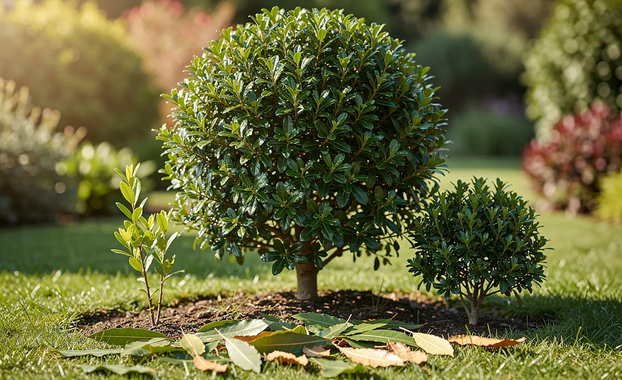 Un laurier du Portugal adulte aux feuilles luisantes se dresse dans un jardin verdoyant auprès de jeunes plants et de feuilles tombées.