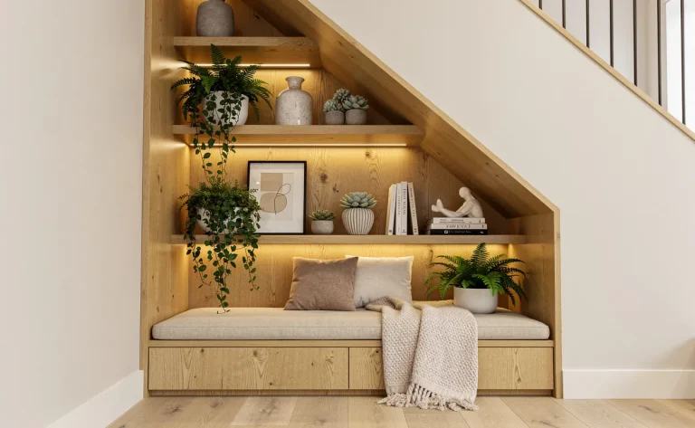 Un coin sous-escalier aménagé avec des étagères en bois, des plantes vertes, un éclairage tamisé et des objets décoratifs élégants.