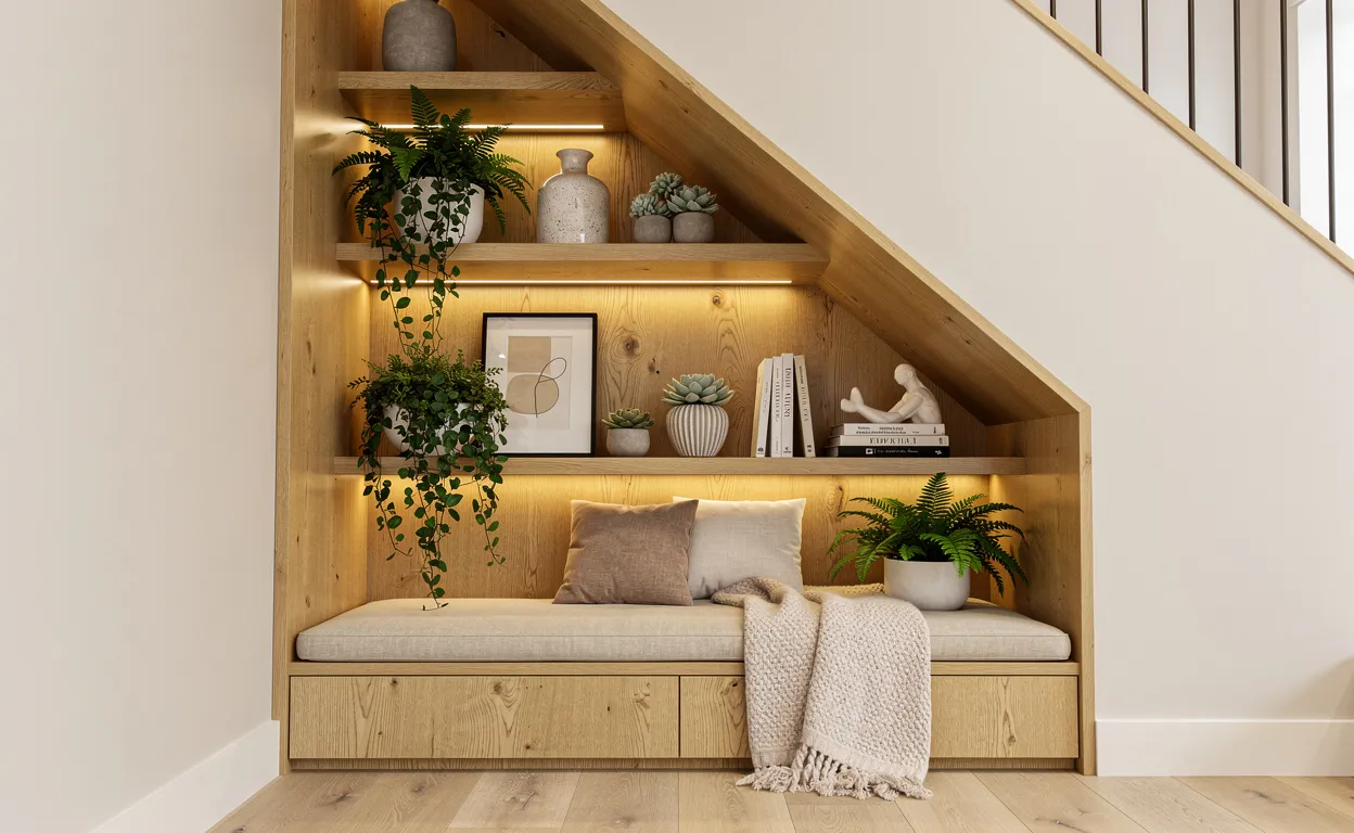 Un coin sous-escalier aménagé avec des étagères en bois, des plantes vertes, un éclairage tamisé et des objets décoratifs élégants.