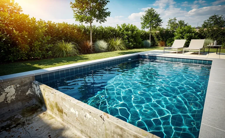 Une piscine de jardin rénovée avec de l’eau bleue scintillante, des carreaux modernes et de la verdure autour sous un soleil d’été.