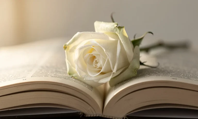 Une rose blanche posée sur un livre ouvert, éclairée par une lumière matinale douce.