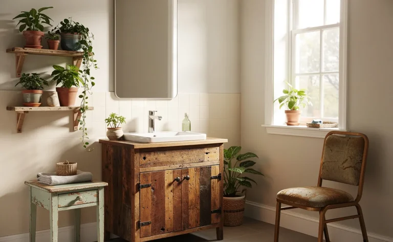 Salle de bain lumineuse avec une vasque artisanale en bois recyclé, du mobilier vintage dépareillé et des plantes en pot sur des étagères récupérées.