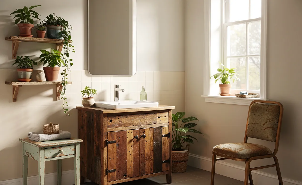 Salle de bain lumineuse avec une vasque artisanale en bois recyclé, du mobilier vintage dépareillé et des plantes en pot sur des étagères récupérées.