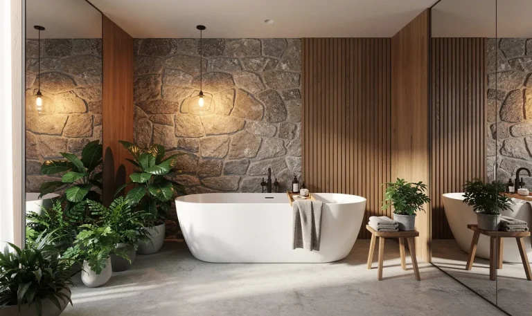 Salle de bain élégante avec murs en pierre naturelle, accents de bois, lumières suspendues et plantes vertes.