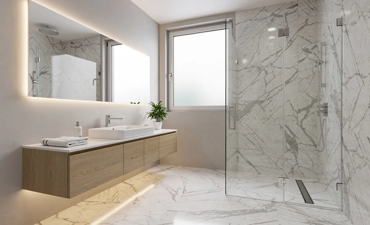Salle de bain italienne contemporaine avec douche à l’italienne vitrée, lavabo suspendu, carrelage en marbre et lumière du jour par une fenêtre dépoli.