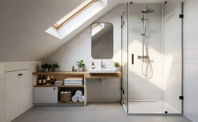 Salle de bains mansardée de 4m2 avec douche compacte, lavabo suspendu et rangements astucieux sous une lumière naturelle douce.