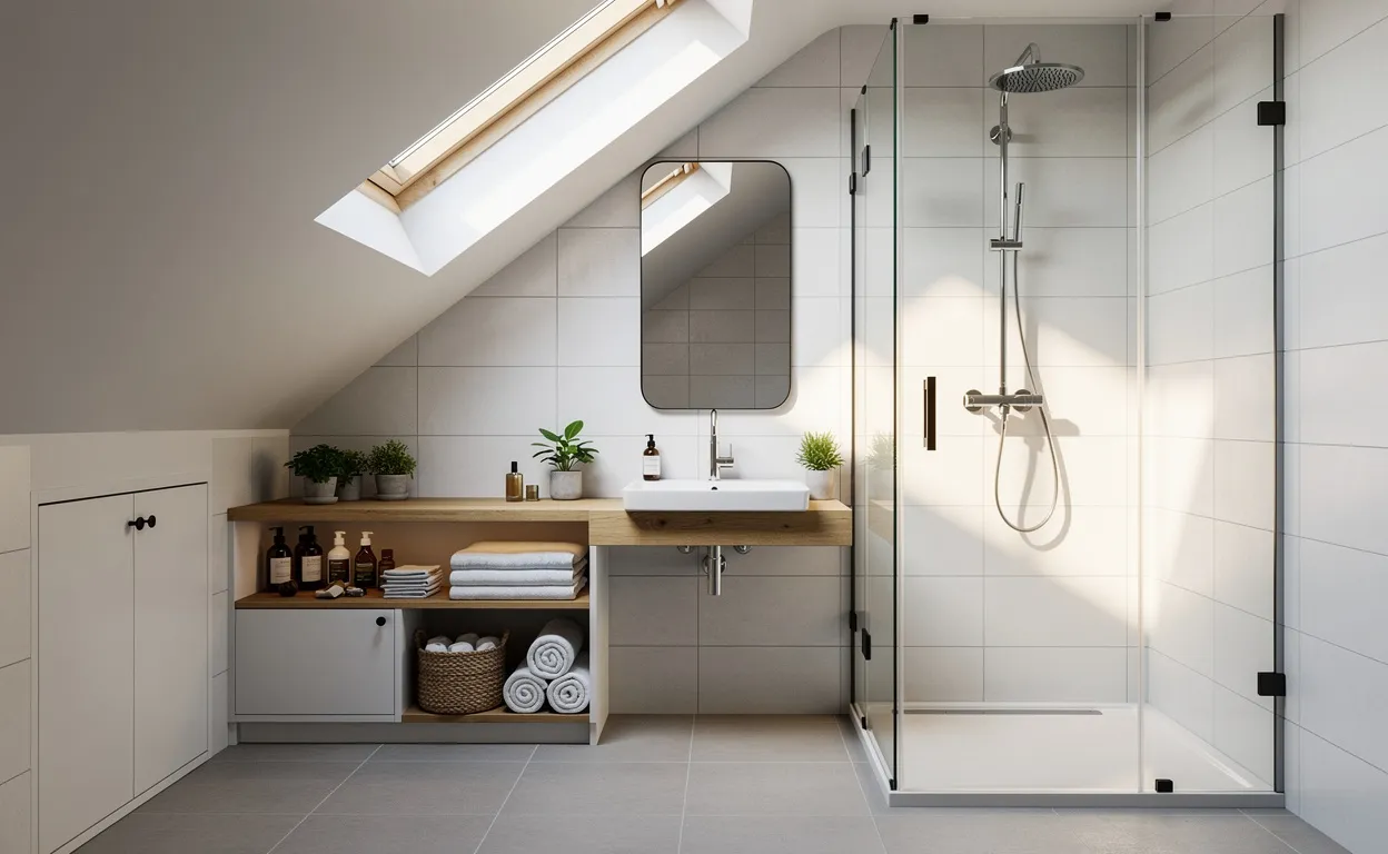 Salle de bains mansardée de 4m2 avec douche compacte, lavabo suspendu et rangements astucieux sous une lumière naturelle douce.
