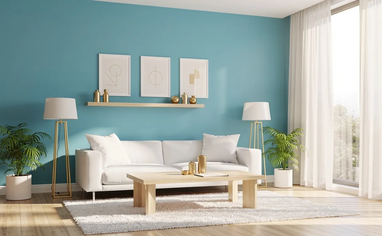 Salon au mur turquoise avec des accents blancs, dorés et bois, baigné de lumière naturelle à travers des rideaux fins.