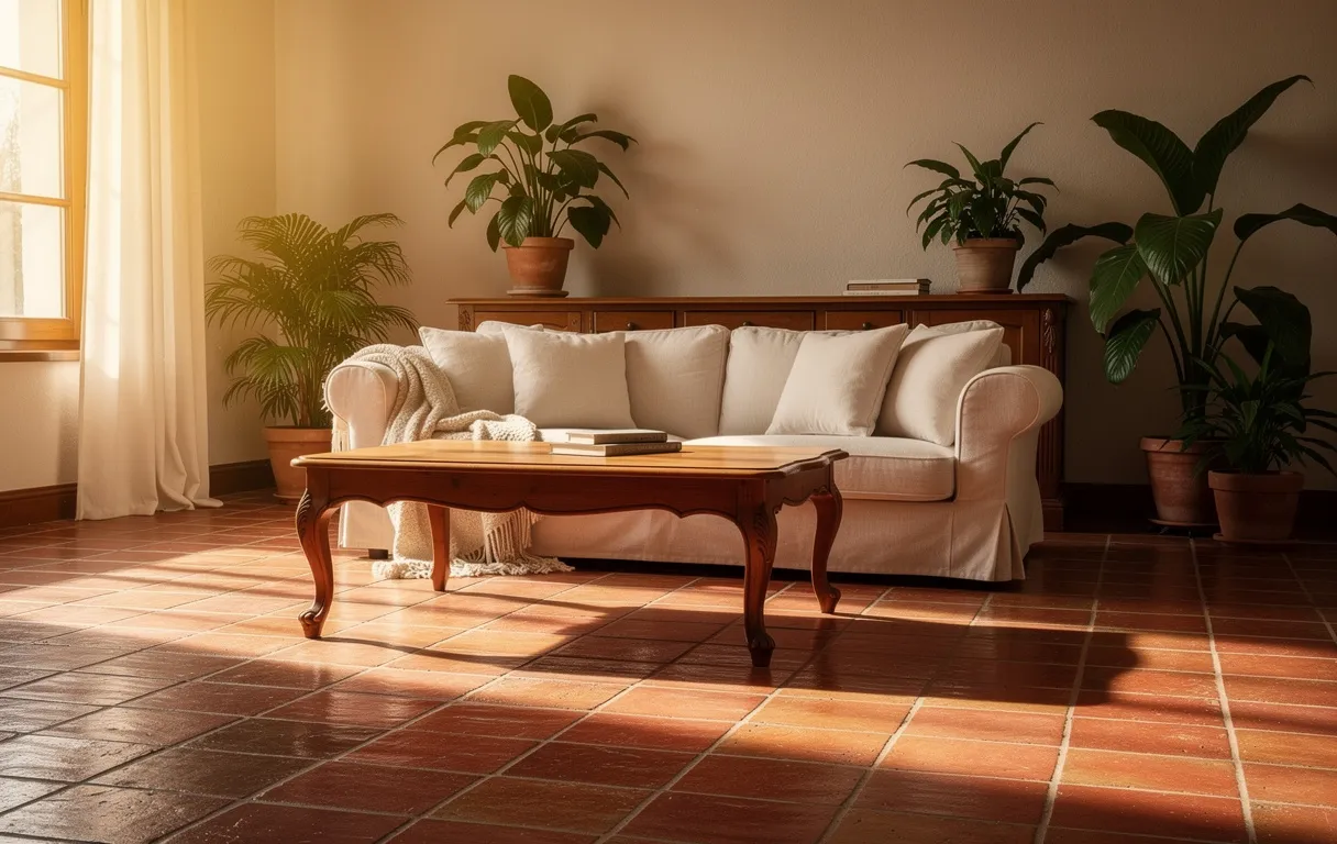 Salon élégant avec carrelage en terre cuite, meubles en bois ancien, textiles crème et plantes vertes sous la lumière du soleil.