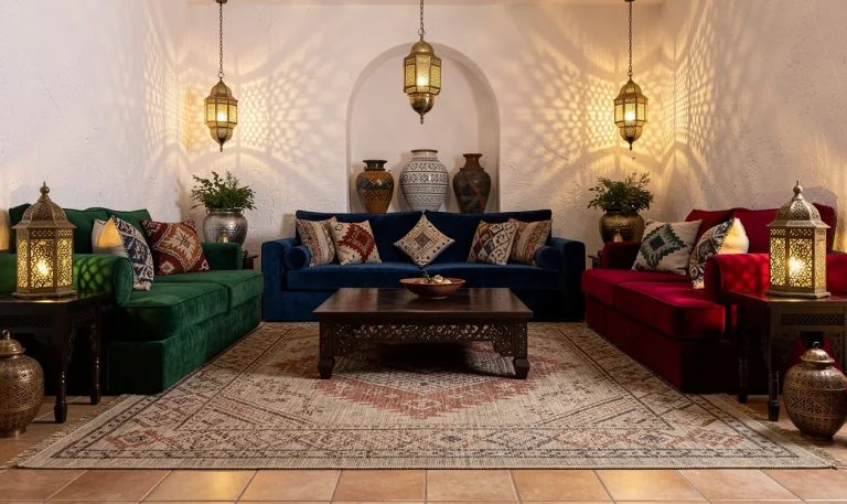 Salon marocain moderne avec canapés bas colorés, coussins à motifs, table basse en bois sculpté et lanternes diffusant une lumière dorée sur des murs blancs texturés.