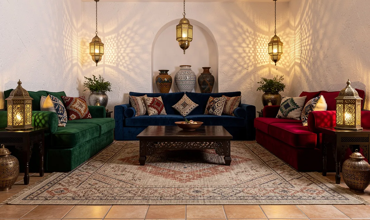 Salon marocain moderne avec canapés bas colorés, coussins à motifs, table basse en bois sculpté et lanternes diffusant une lumière dorée sur des murs blancs texturés.
