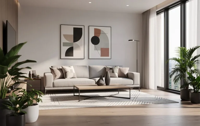 Salon moderne avec mobilier minimaliste, canapé sobre, décor géométrique, grandes fenêtres lumineuses et plantes vertes.