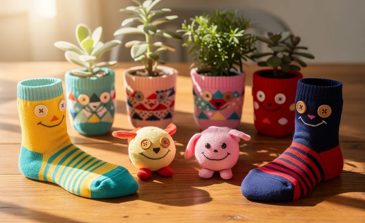 Des chaussettes dépareillées et colorées sont transformées en objets créatifs comme des cache-pots et des peluches, posées sur une table en bois éclairée par la lumière du jour.