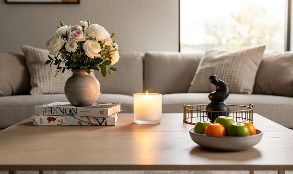 Table basse moderne ornée de six objets décoratifs dans un salon lumineux aux teintes neutres.