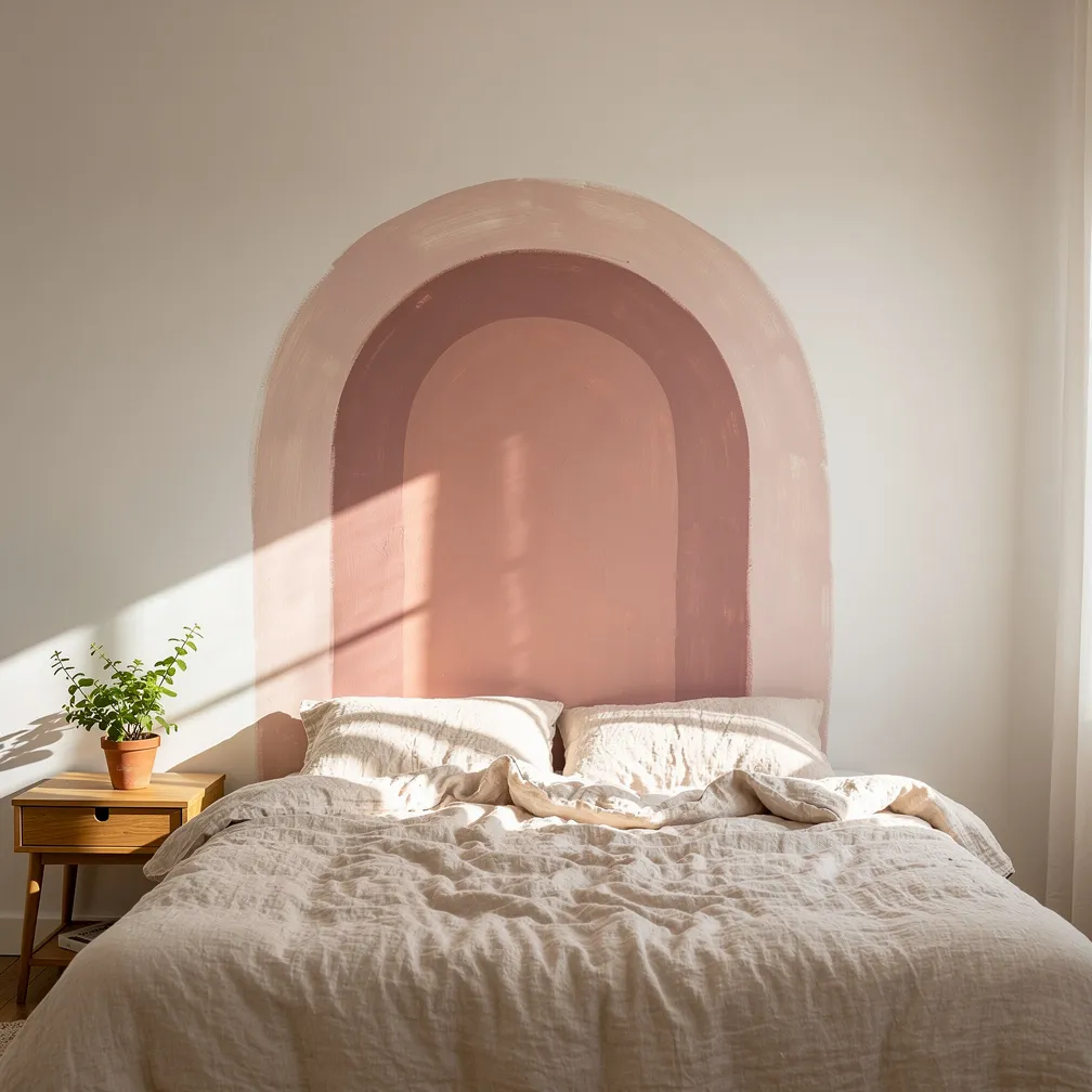 Chambre avec arche rose poudrée peinte sur le mur derrière le lit