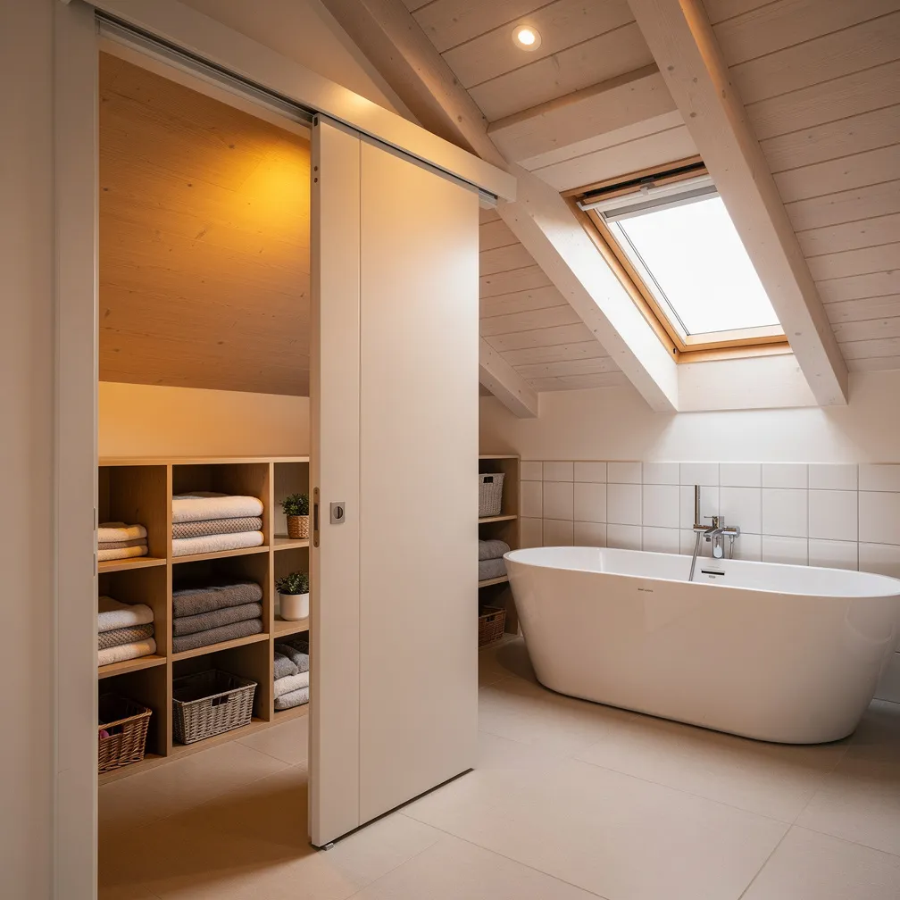 Salle de bain sous comble avec baignoire sous la pente et rangements sur mesure