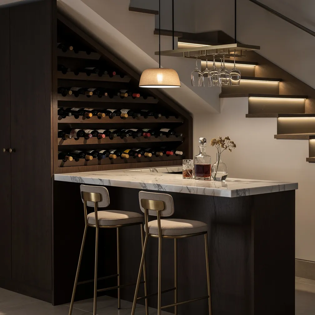 Mini bar avec casiers à vin en bois aménagé sous un escalier