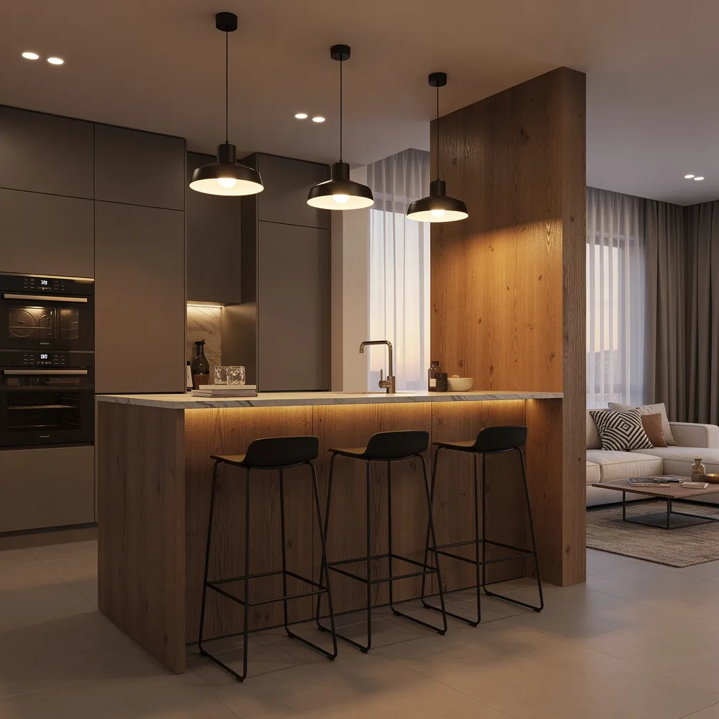 Comptoir bar en bois avec tabourets séparant cuisine et salon