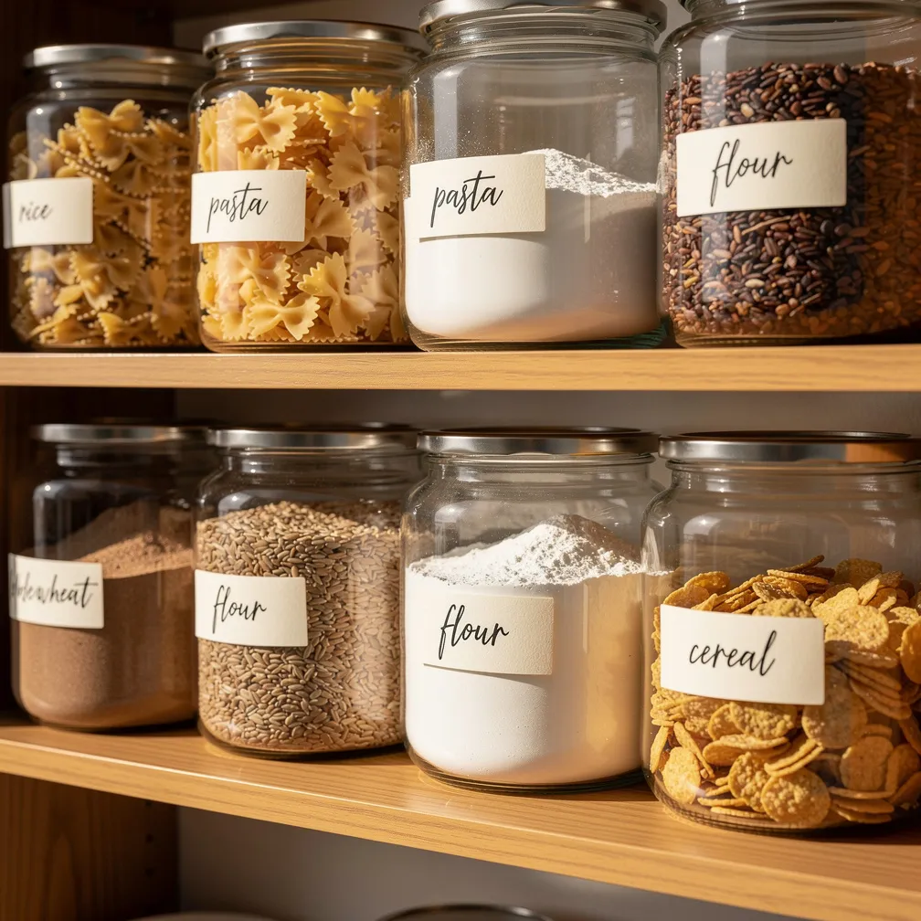 Étagère de cuisine avec bocaux en verre étiquetés bien organisés